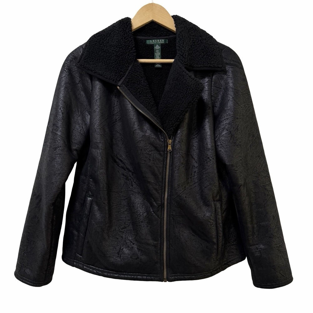 Lauren Ralph Lauren Womens Faux‎ Leather Fleece Lined Moto Jacket Size M Black
